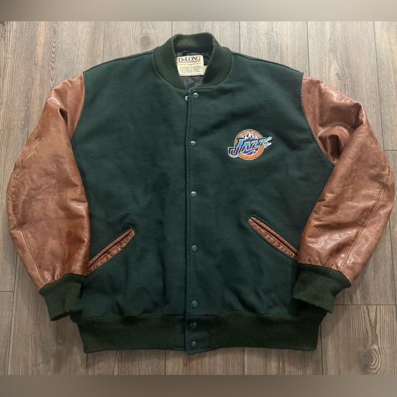 Vintage Utah Jazz DeLONG Varsity Jacket Leather Sleeves USA Made Large